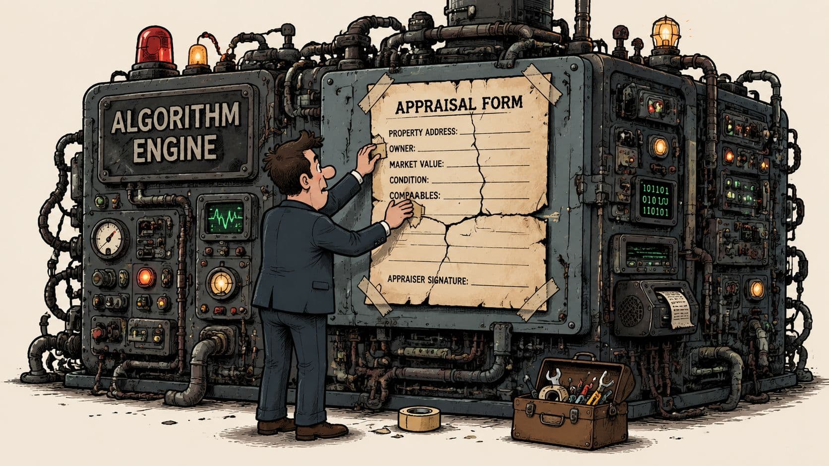 A professional man applying a paper appraisal form onto a complex, industrial-style mechanical algorithm engine machine.
