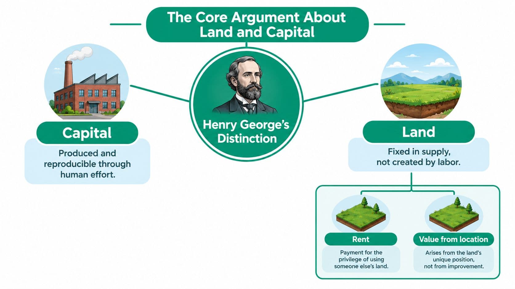 An infographic diagram illustrating Henry George's economic distinction between capital, land, rent, and location value.