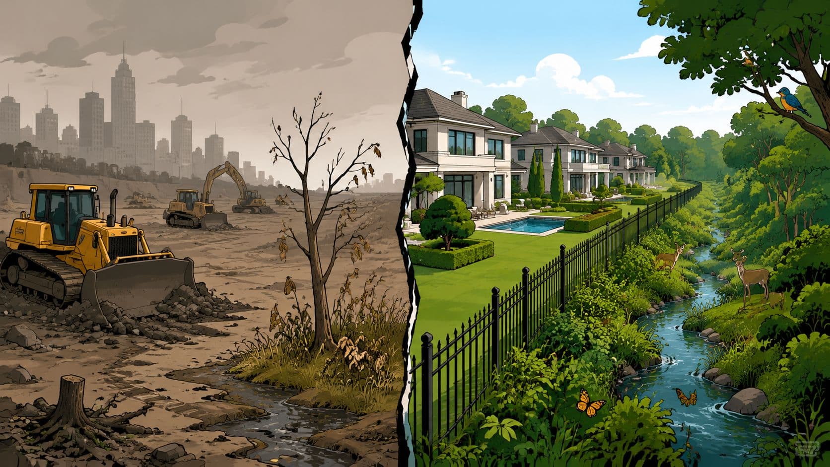 A split image contrasting a barren, industrial construction site with a lush, green residential park landscape.