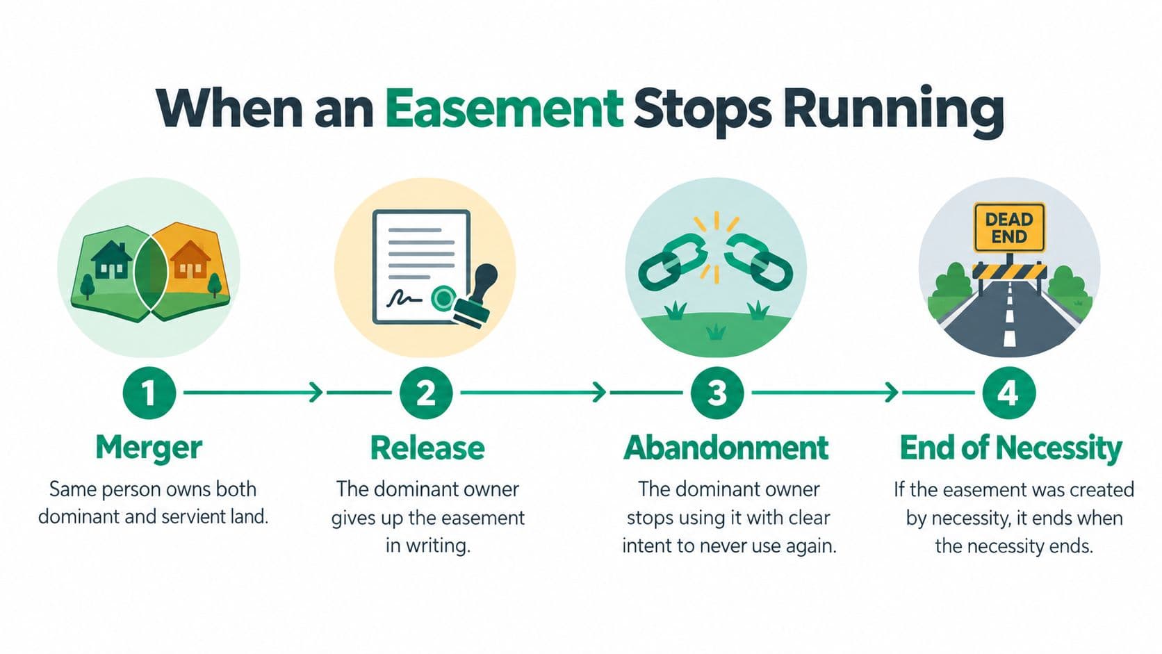 An infographic illustrating the four legal ways an easement running with the land can be terminated.