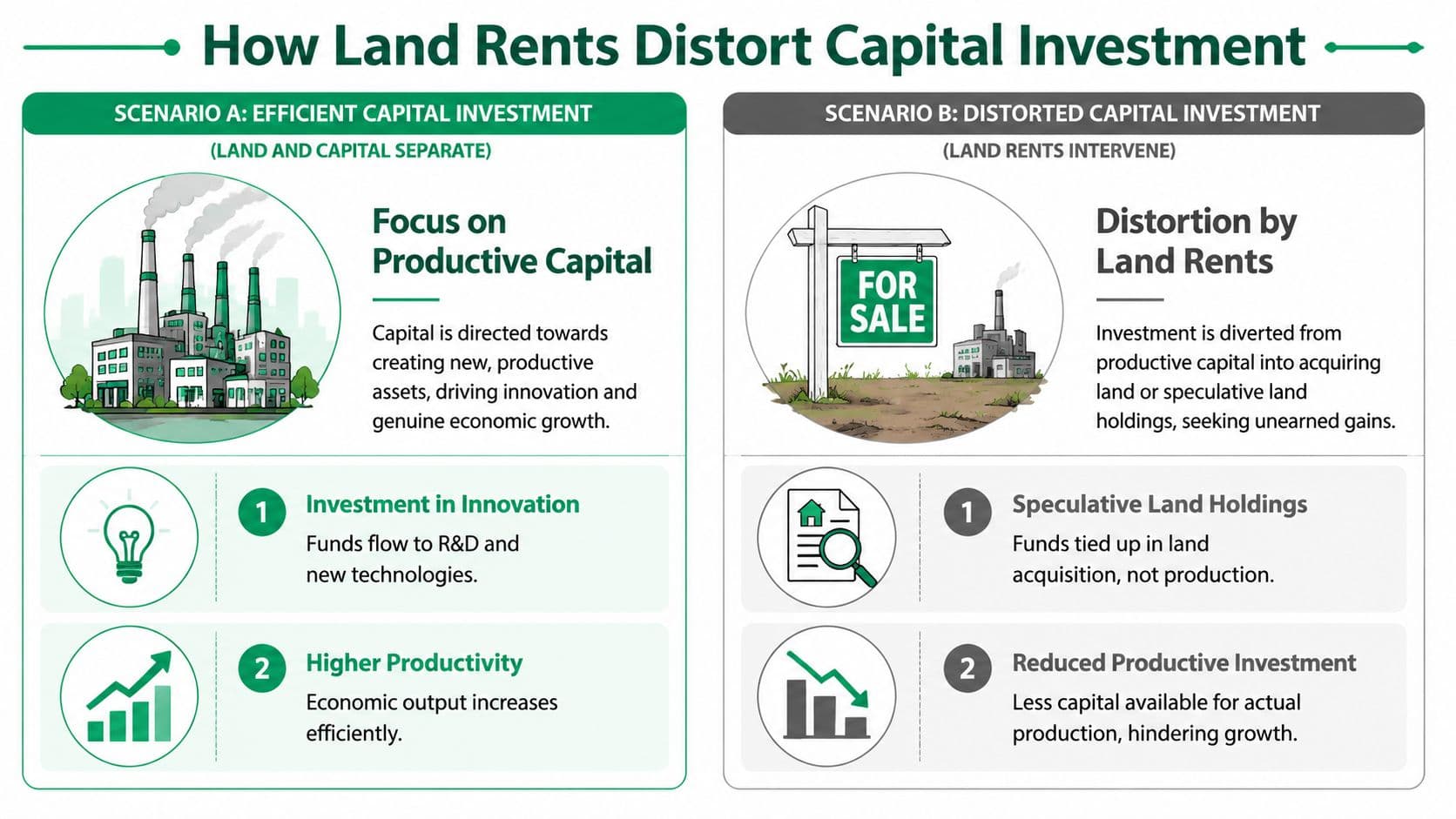 A diagram comparing efficient capital investment in production versus distorted investment driven by speculative land rents.