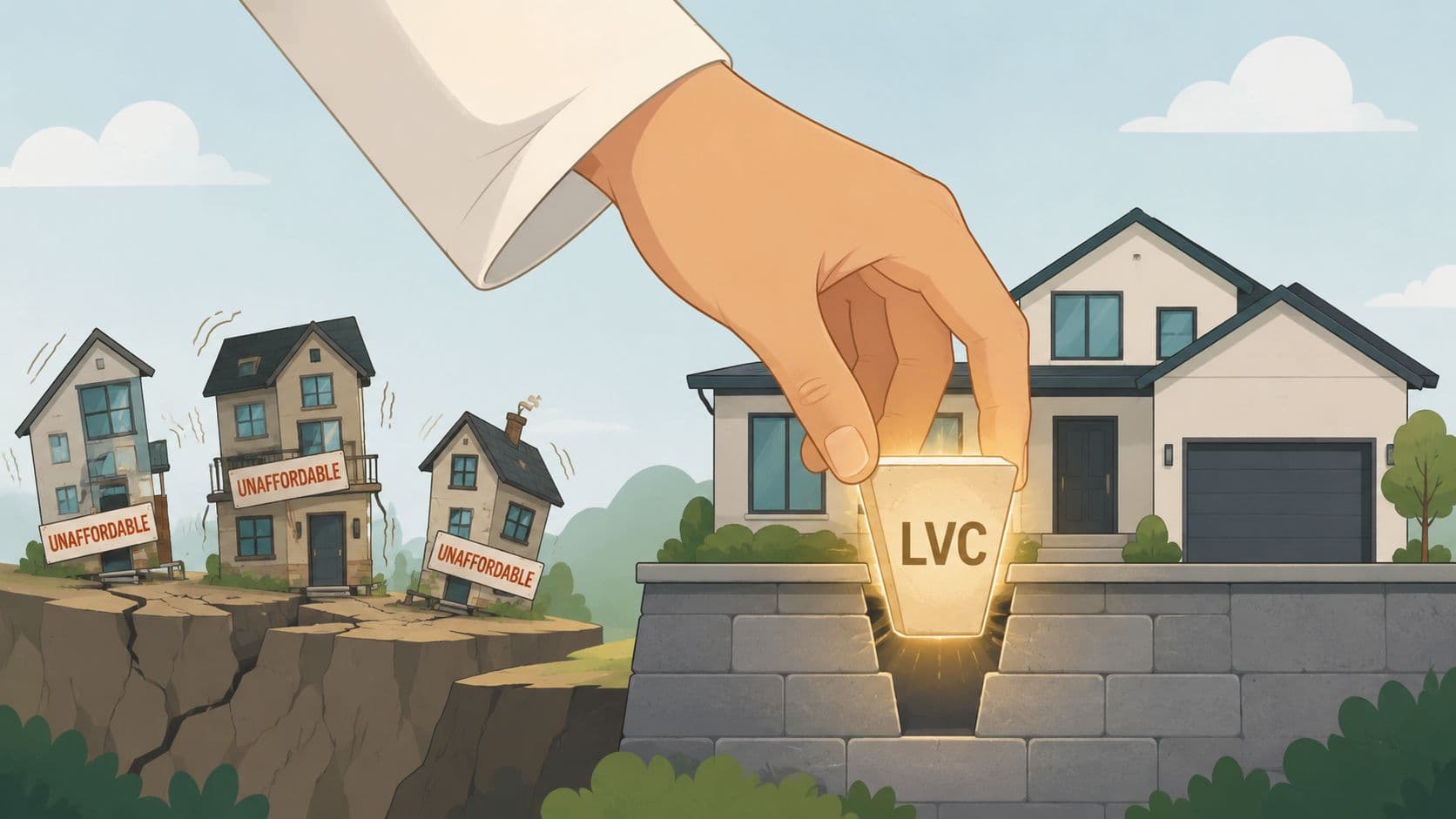 A large hand places a glowing LVC block into a wall near a stable, modern house.