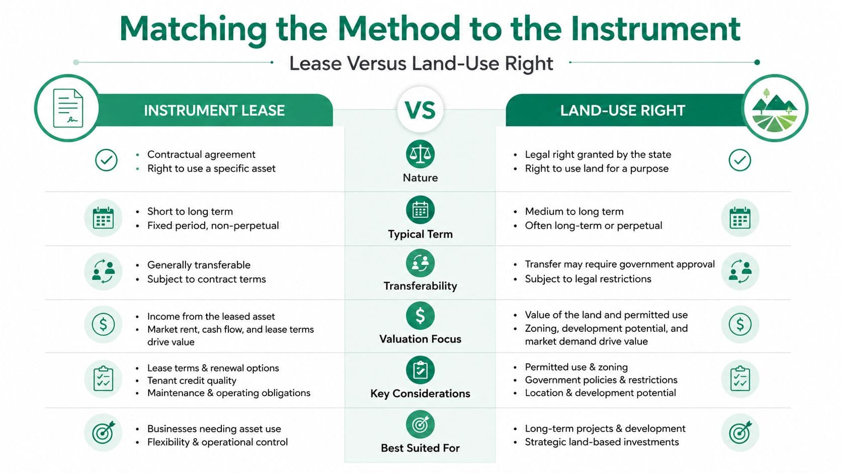 A comparison chart outlining the key differences between instrument leases and land-use rights for property investment.