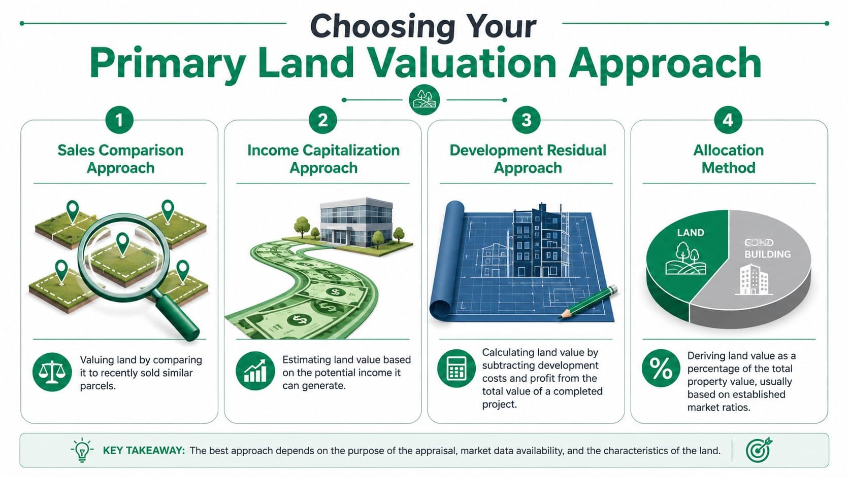An infographic showing four common methods for determining the financial value of real estate land parcels.