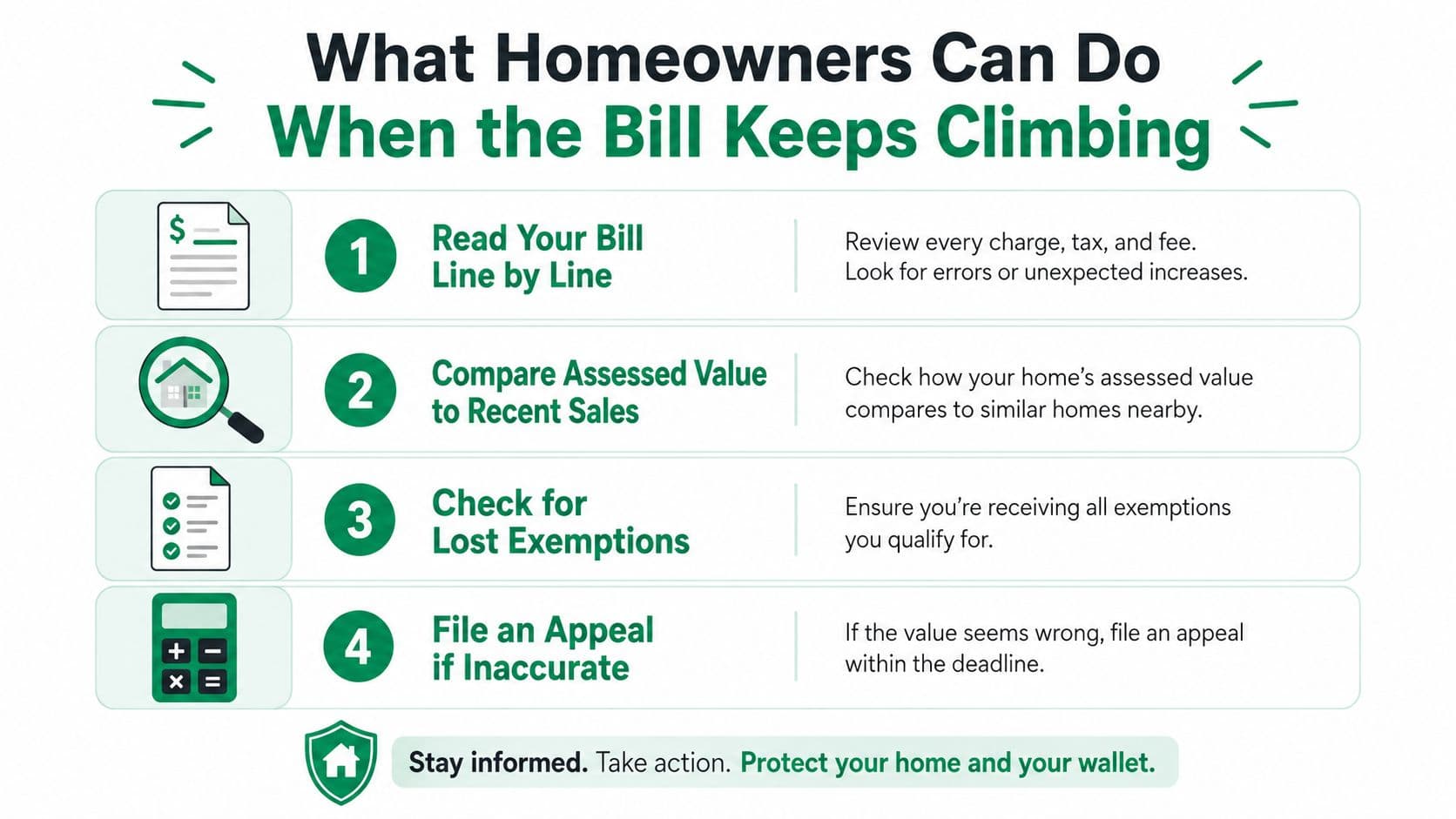 An infographic titled What Homeowners Can Do When the Bill Keeps Climbing, listing four steps to manage property tax increases.