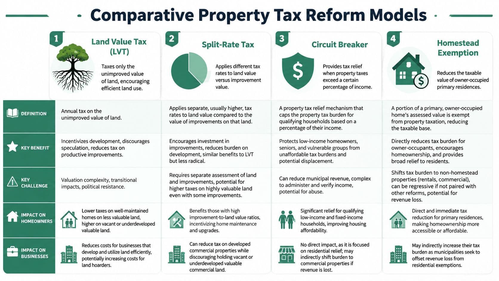 A comparison chart outlining four property tax reform models, including Land Value Tax, Split-Rate Tax, Circuit Breaker, and Homestead Exemption.