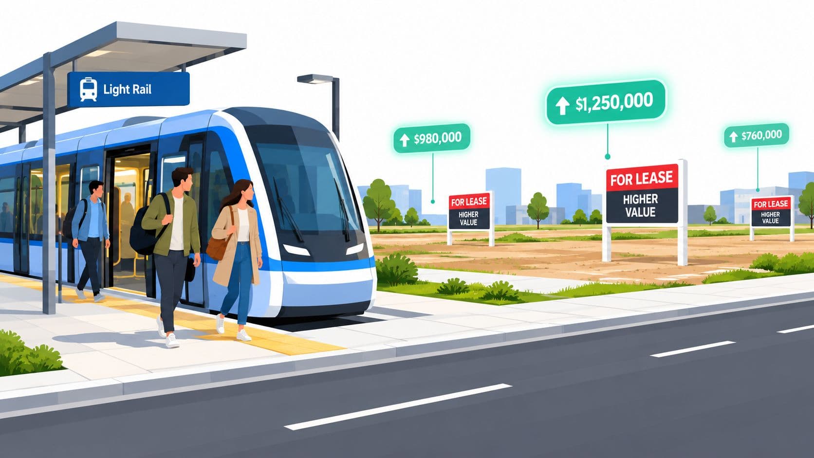 A modern light rail train at a station next to vacant land with high-value lease signs.