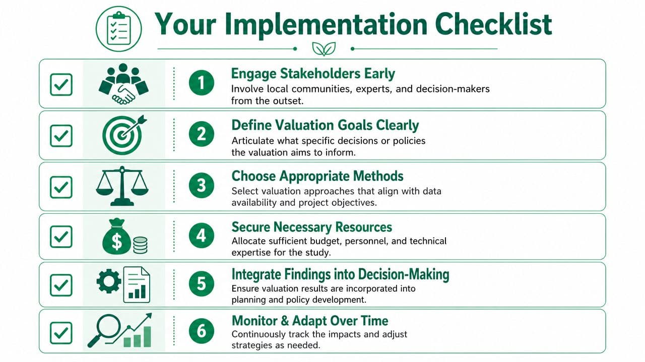 A six-step checklist for implementation of ecosystem service valuation with icons and descriptions for each stage.