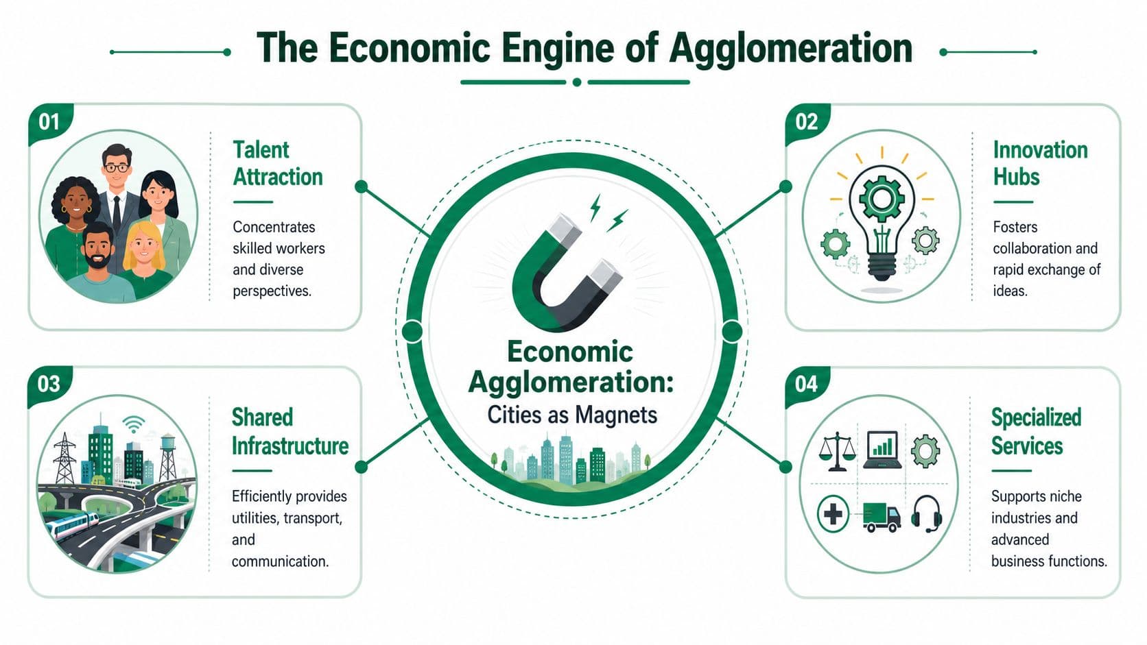 A diagram illustrating the four key economic benefits of urbanization, featuring talent, innovation, infrastructure, and services.