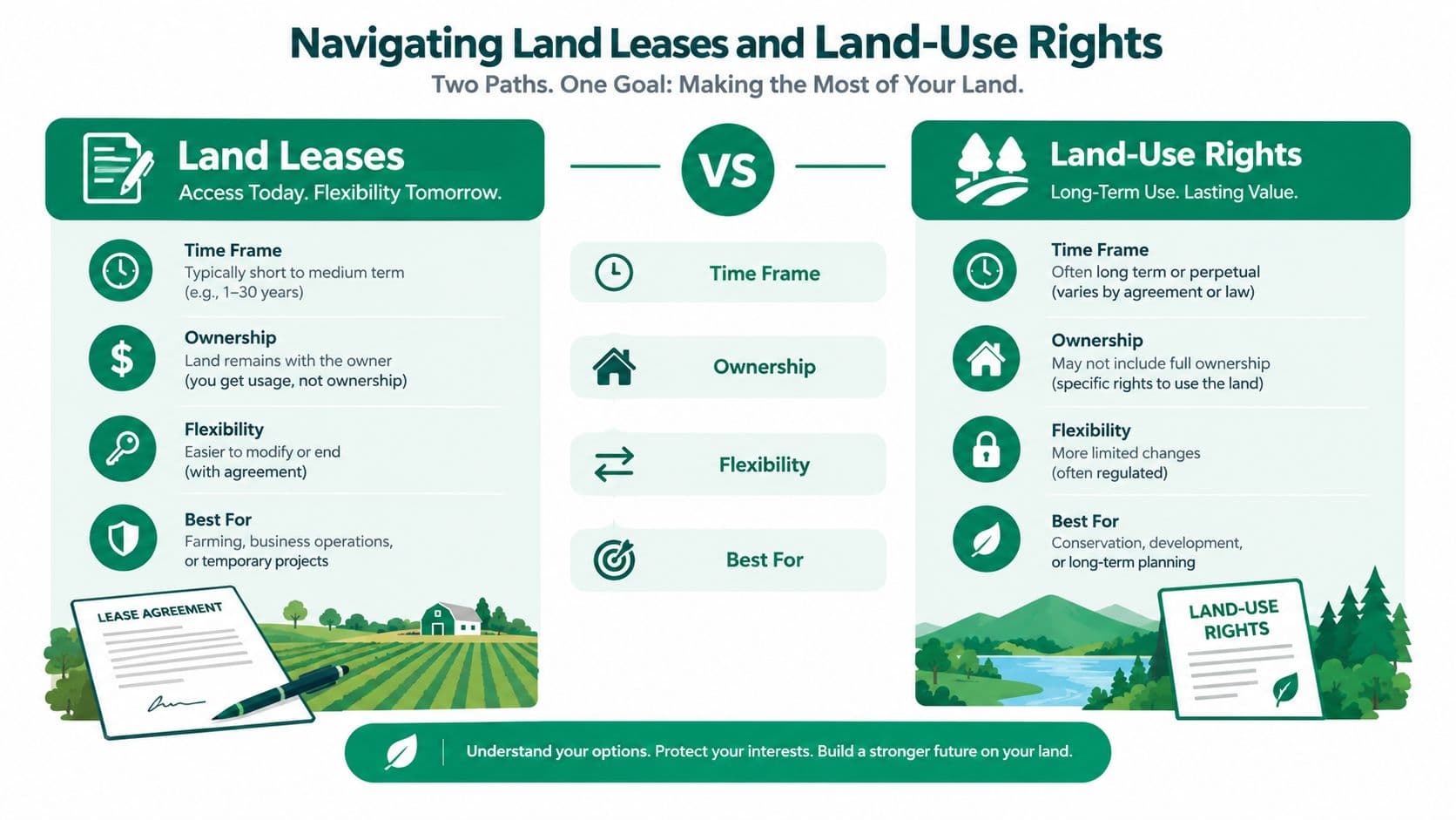 A comparison chart showing differences between land leases and land-use rights for property management and development.