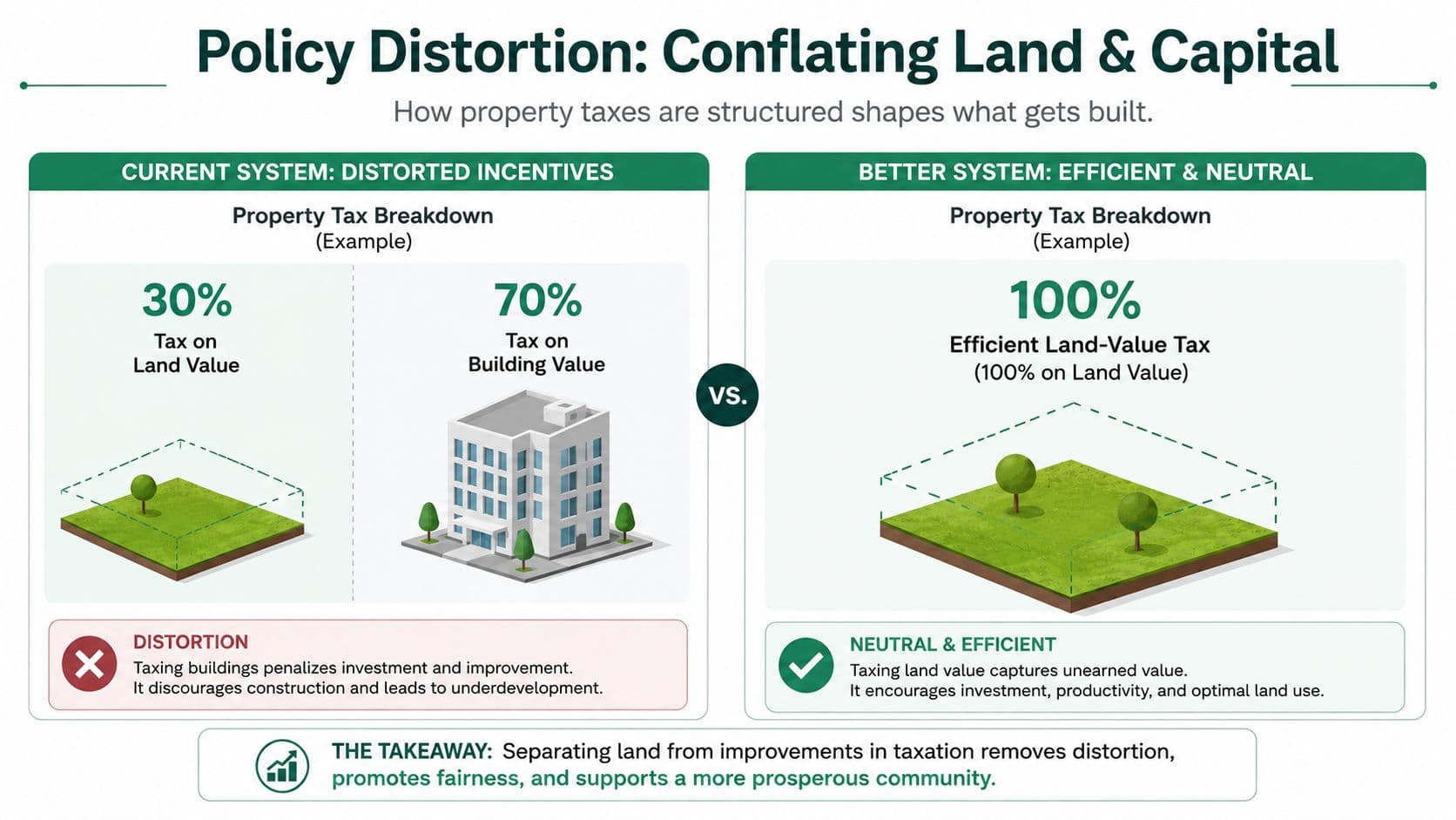 A diagram comparing distorted property taxes on buildings versus an efficient land value tax system.