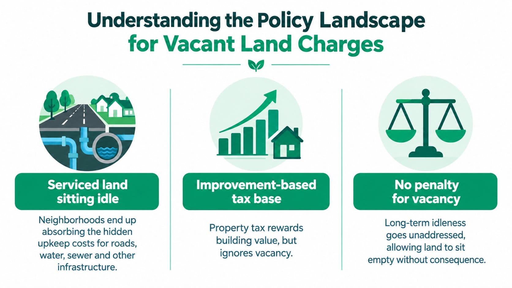 An infographic titled Understanding the Policy Landscape for Vacant Land Charges, illustrating issues with idle property tax policies.