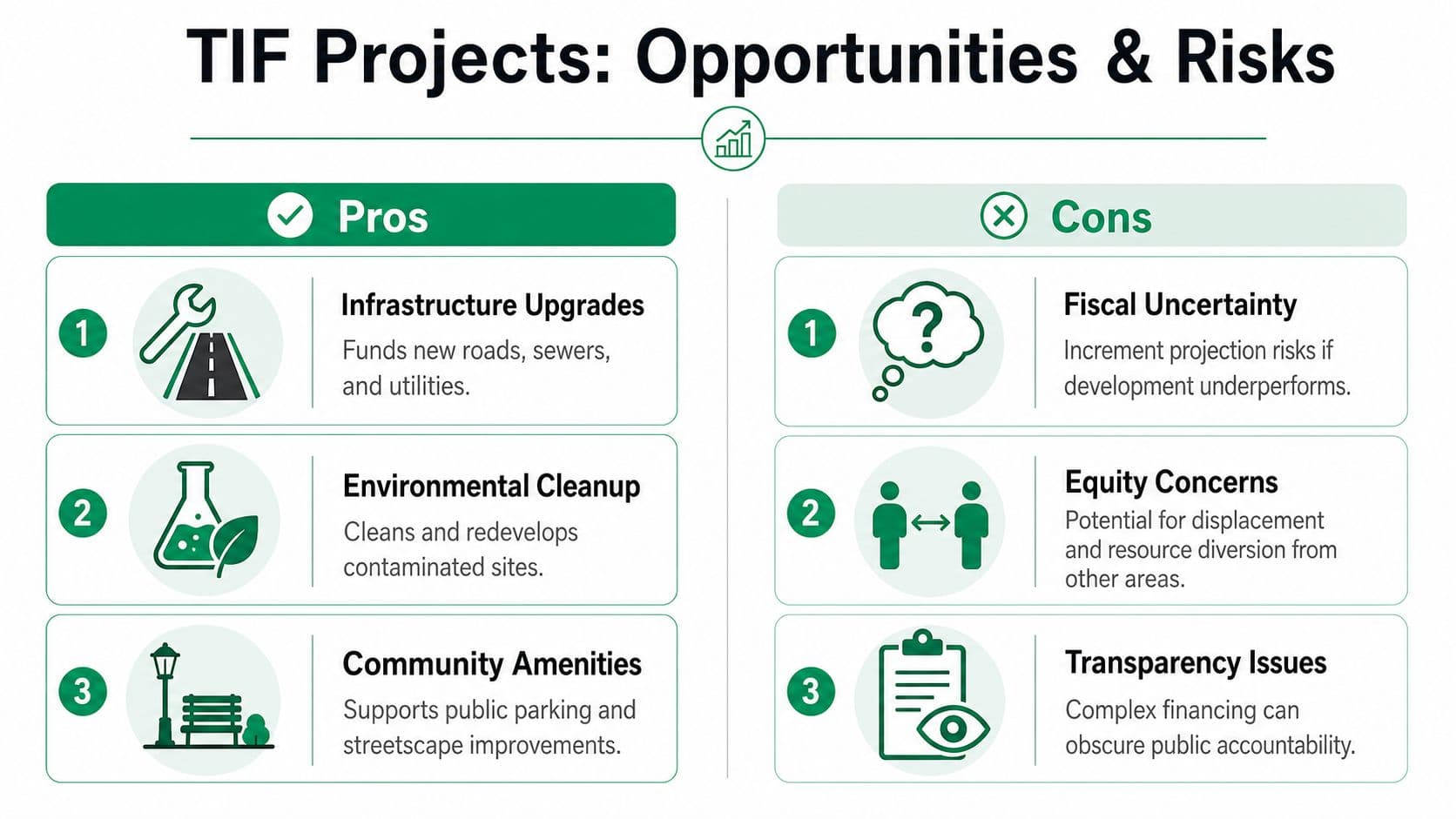 A comparison chart highlighting the pros and cons of Tax Increment Financing projects for urban development.