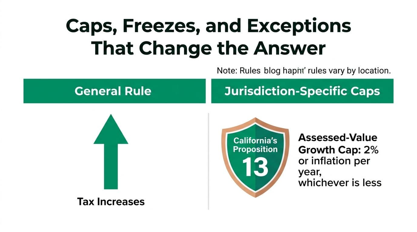 A graphic showing that general property tax increases are limited by jurisdiction-specific caps like California Proposition 13.