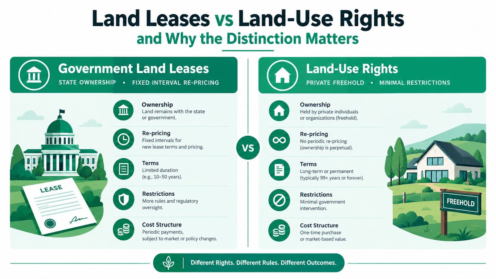 A comparison chart explaining the key differences between government land leases and private land-use rights ownership.