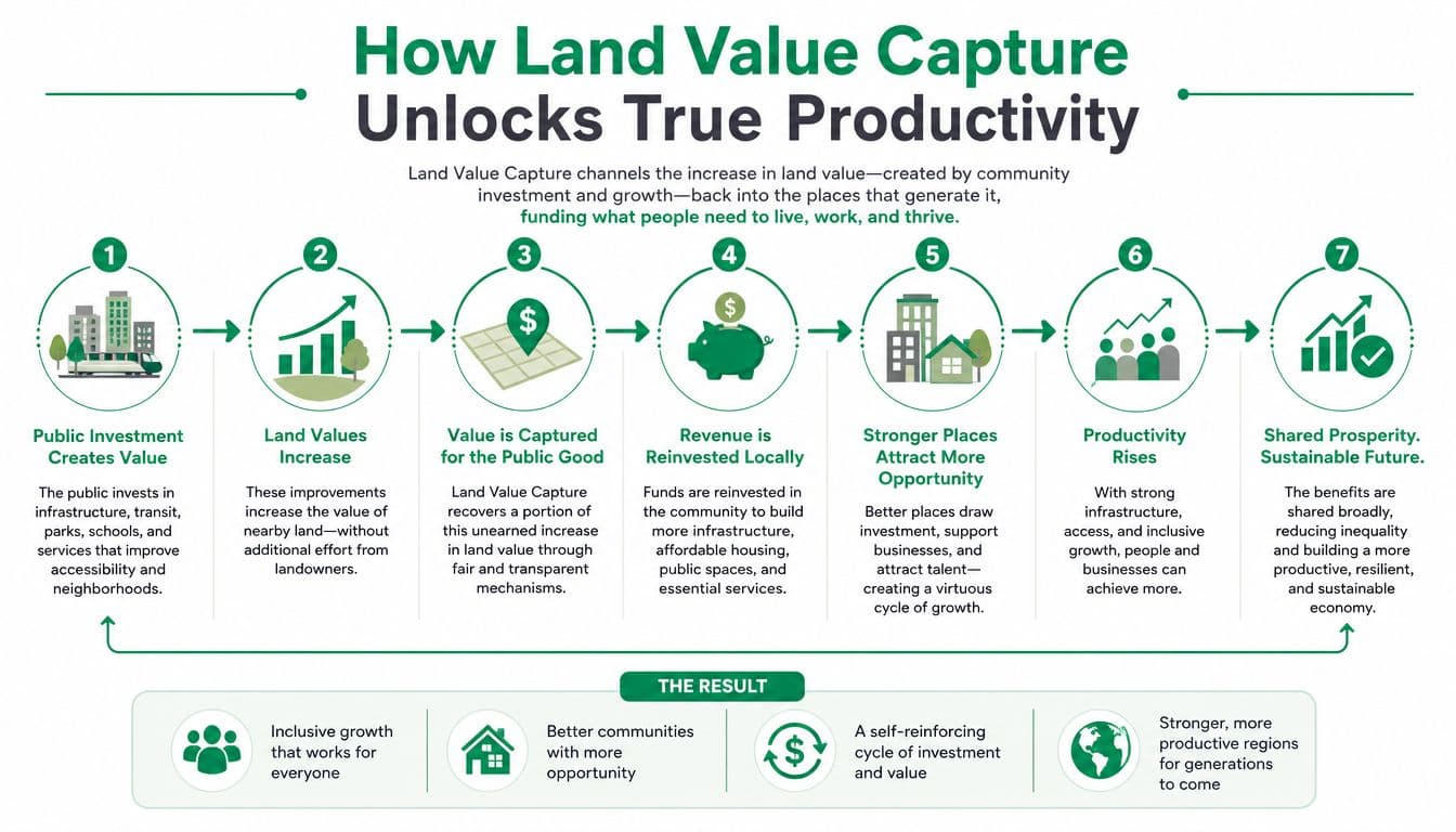A diagram illustrating the seven-step process of how Land Value Capture creates sustainable economic and community productivity.