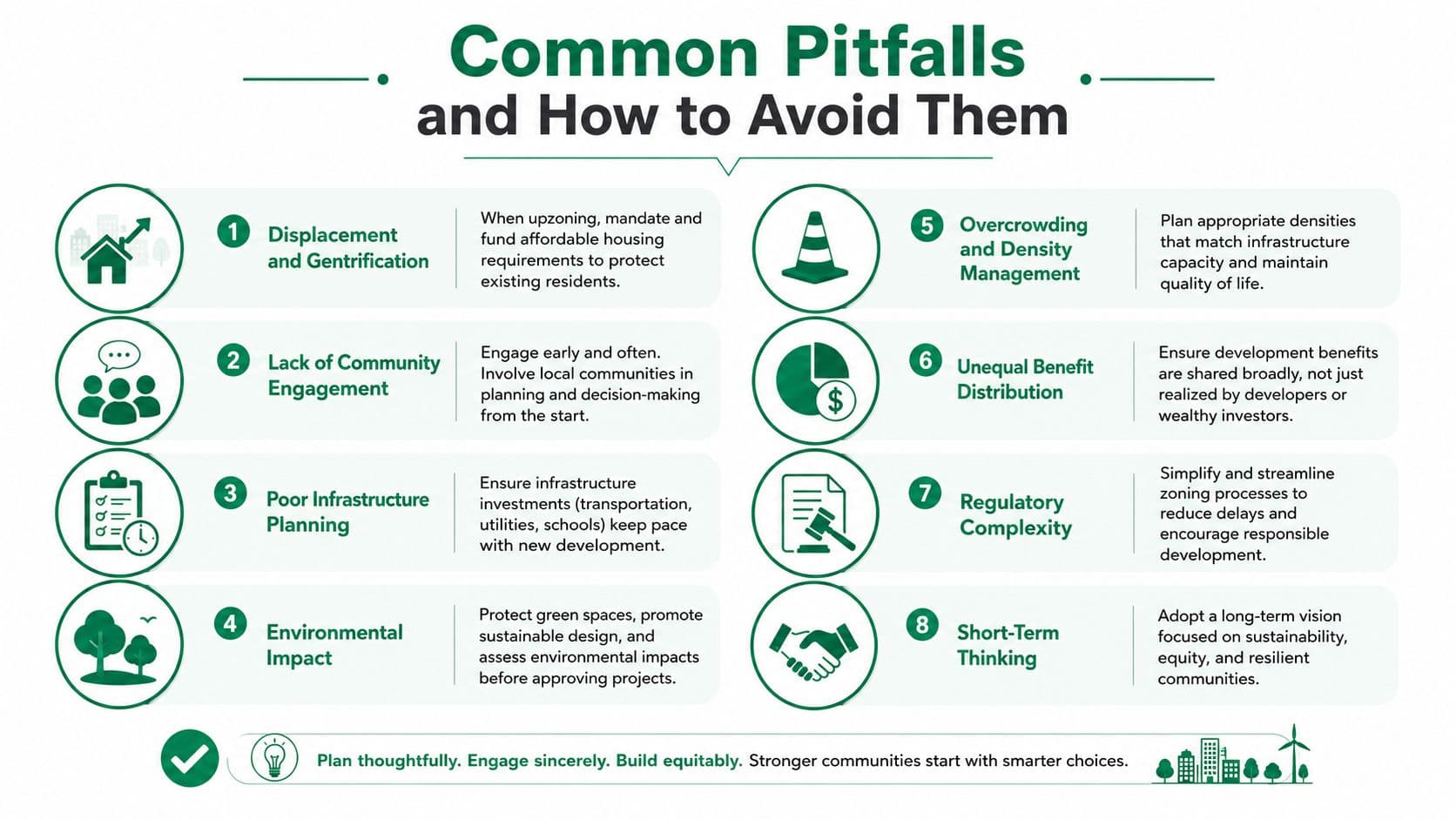An infographic detailing eight common urban planning pitfalls and practical solutions for creating sustainable, equitable communities.