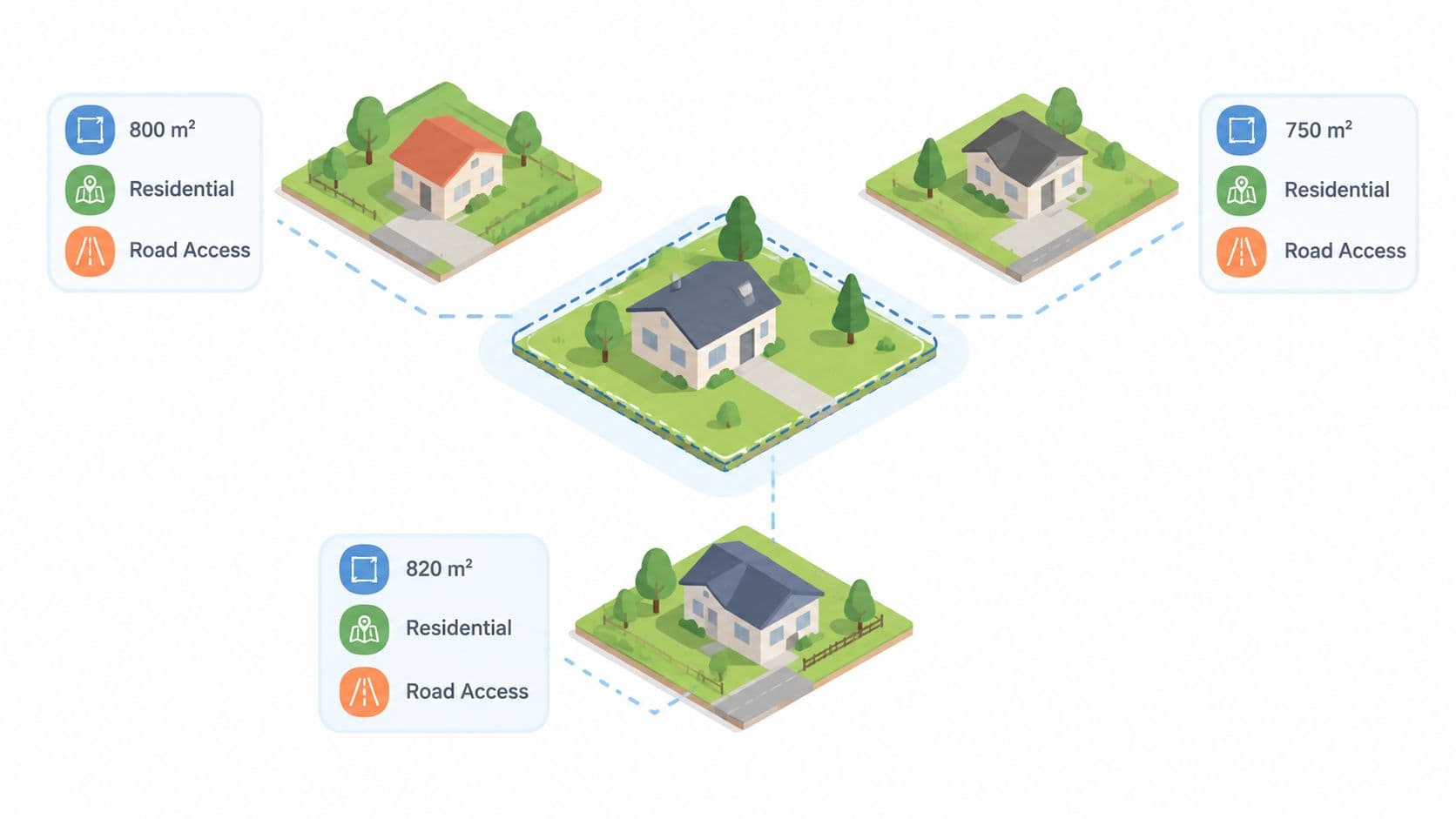 An isometric diagram showing different residential land plots with specific square meter sizes and road access.