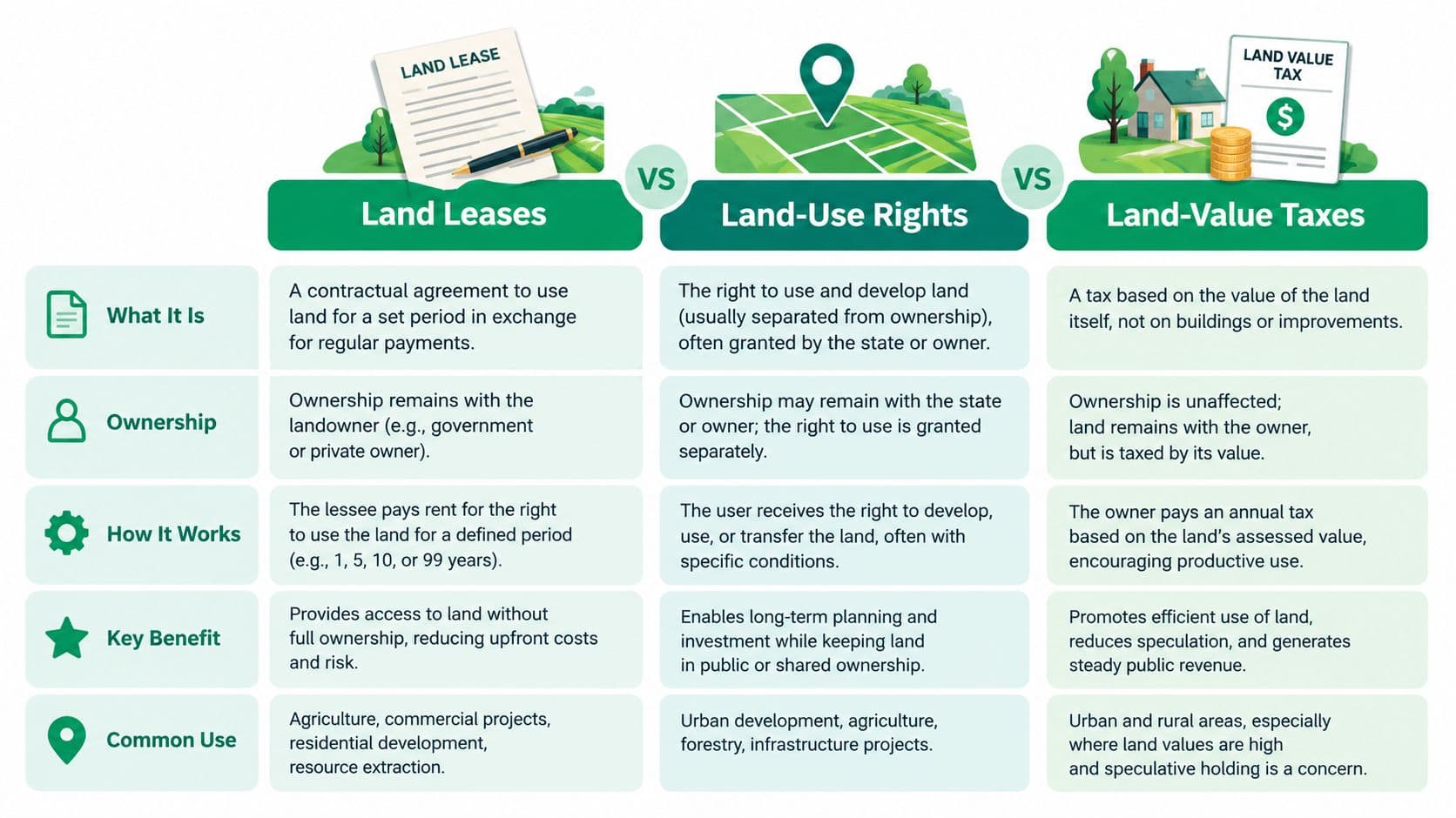 A comparison chart explaining the differences between land leases, land-use rights, and land-value taxes.