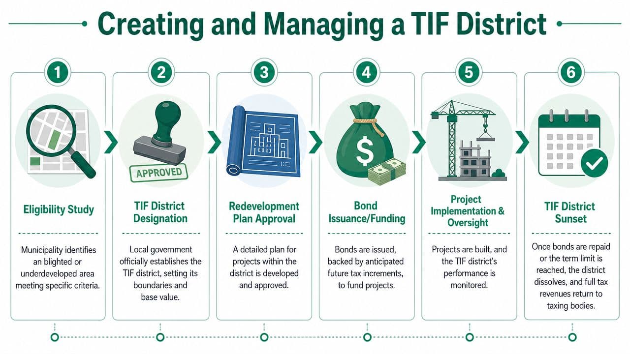 A six-step infographic illustrating the process of creating and managing a tax increment financing district.