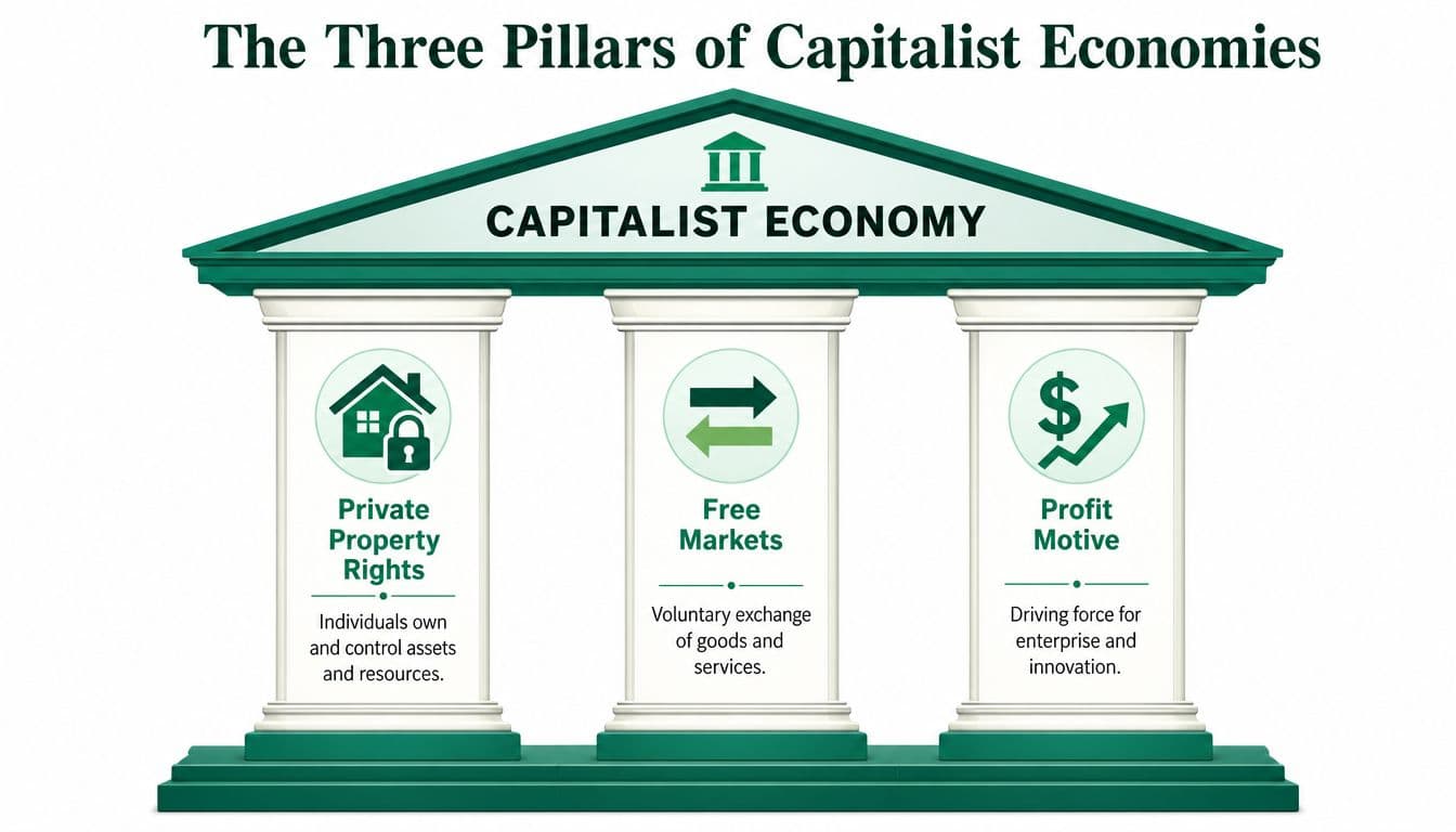 An infographic showing the three main pillars of a capitalist economy: private property rights, free markets, and profit motive.