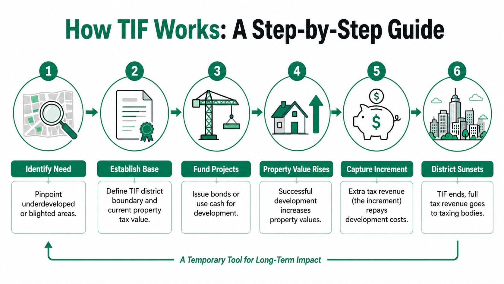 A six-step infographic explaining how tax increment financing works through development, property value increases, and tax capture.