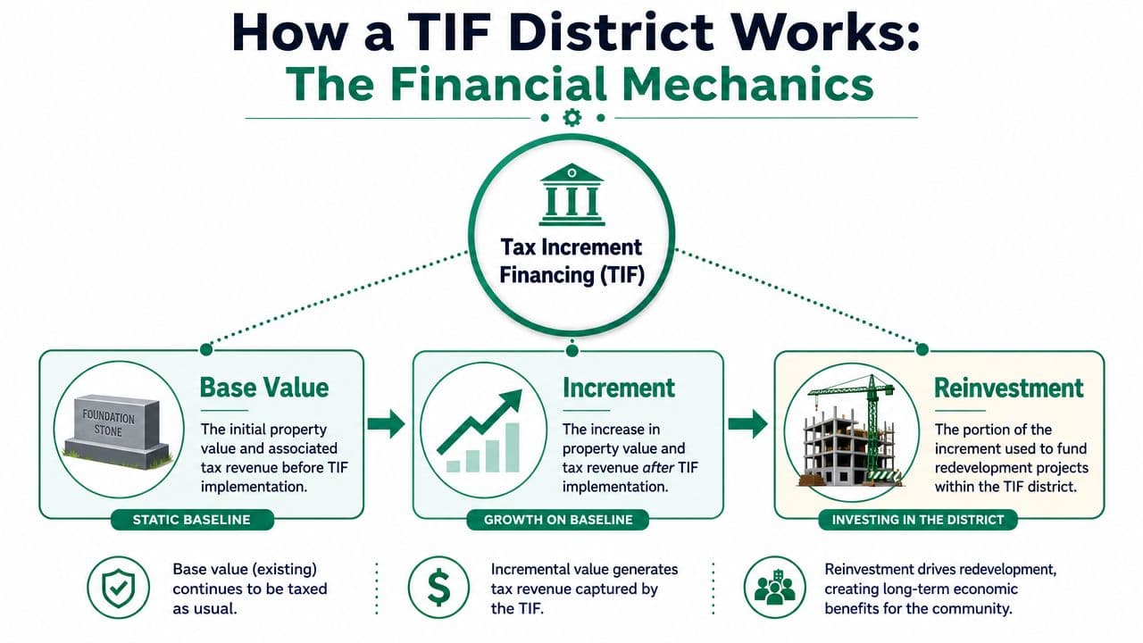 An infographic diagram explaining the financial mechanics and cycle of a Tax Increment Financing (TIF) district.