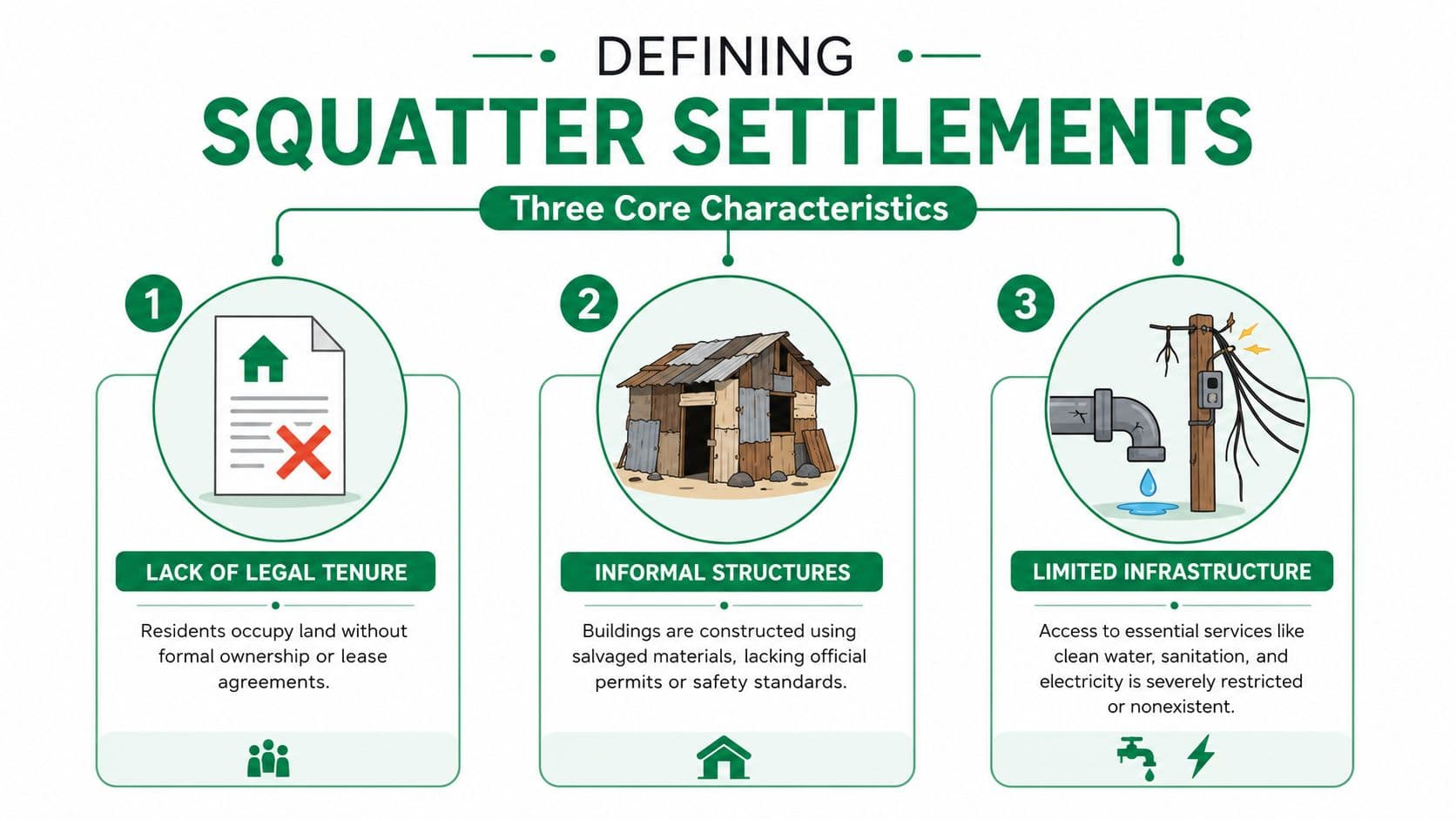 An infographic titled Defining Squatter Settlements with three numbered points highlighting lack of tenure, informal structures, and limited infrastructure.