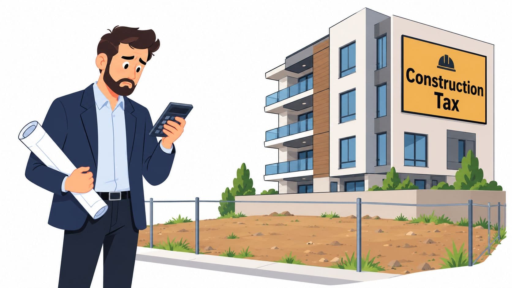 A concerned architect holds blueprints and a calculator in front of a building site with tax signage.