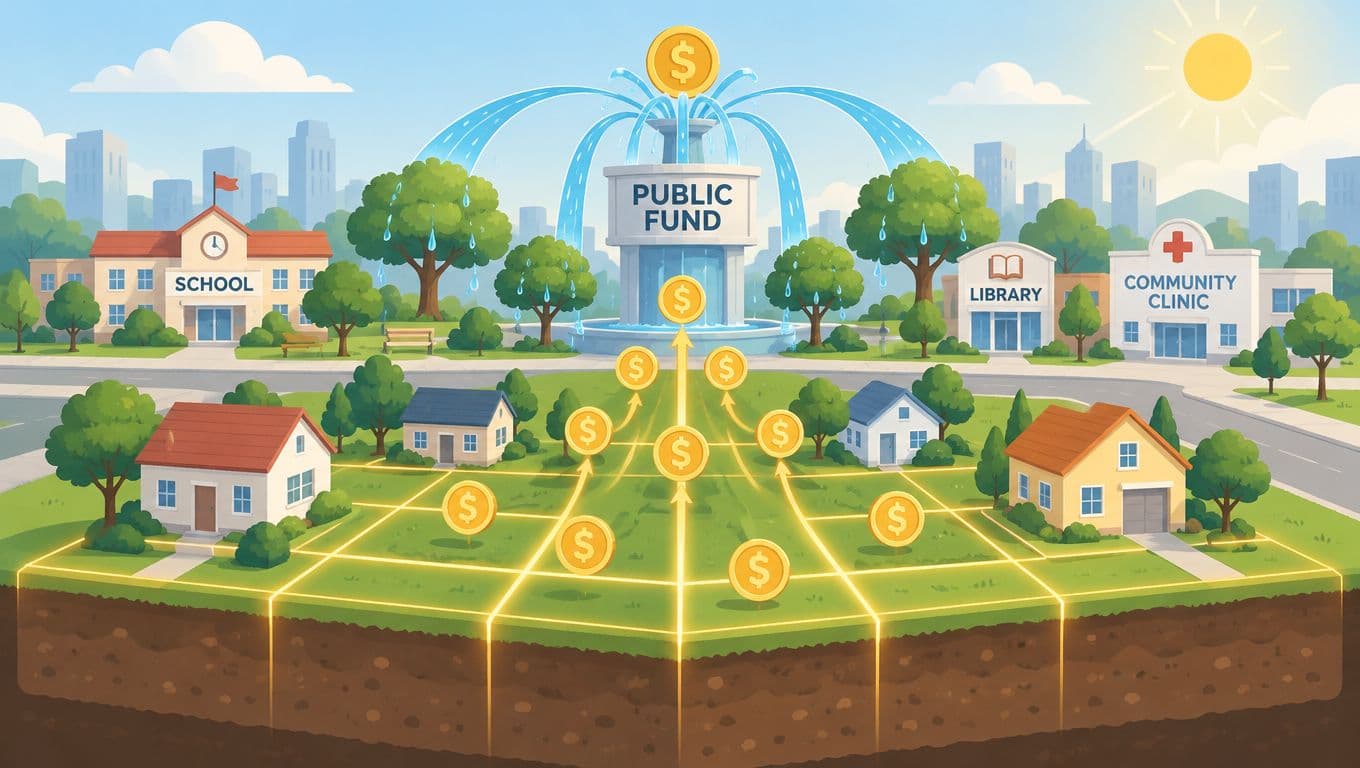 An illustration showing houses paying into a central public fund fountain which supports schools, libraries, and clinics.
