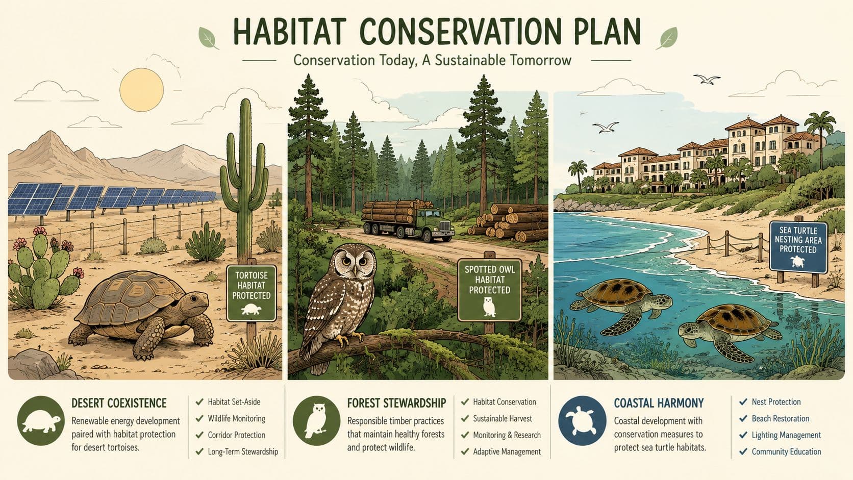 An educational illustration showing three habitat conservation plans for desert, forest, and coastal ecosystems with specific animal species.