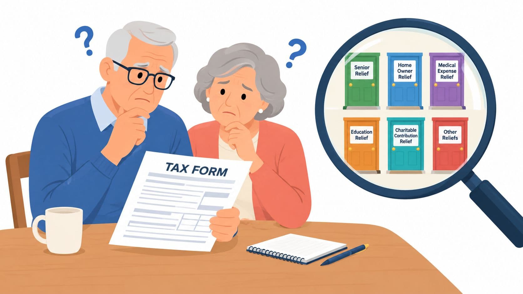 An elderly couple looking confused at a tax form with various relief options shown through a magnifying glass.