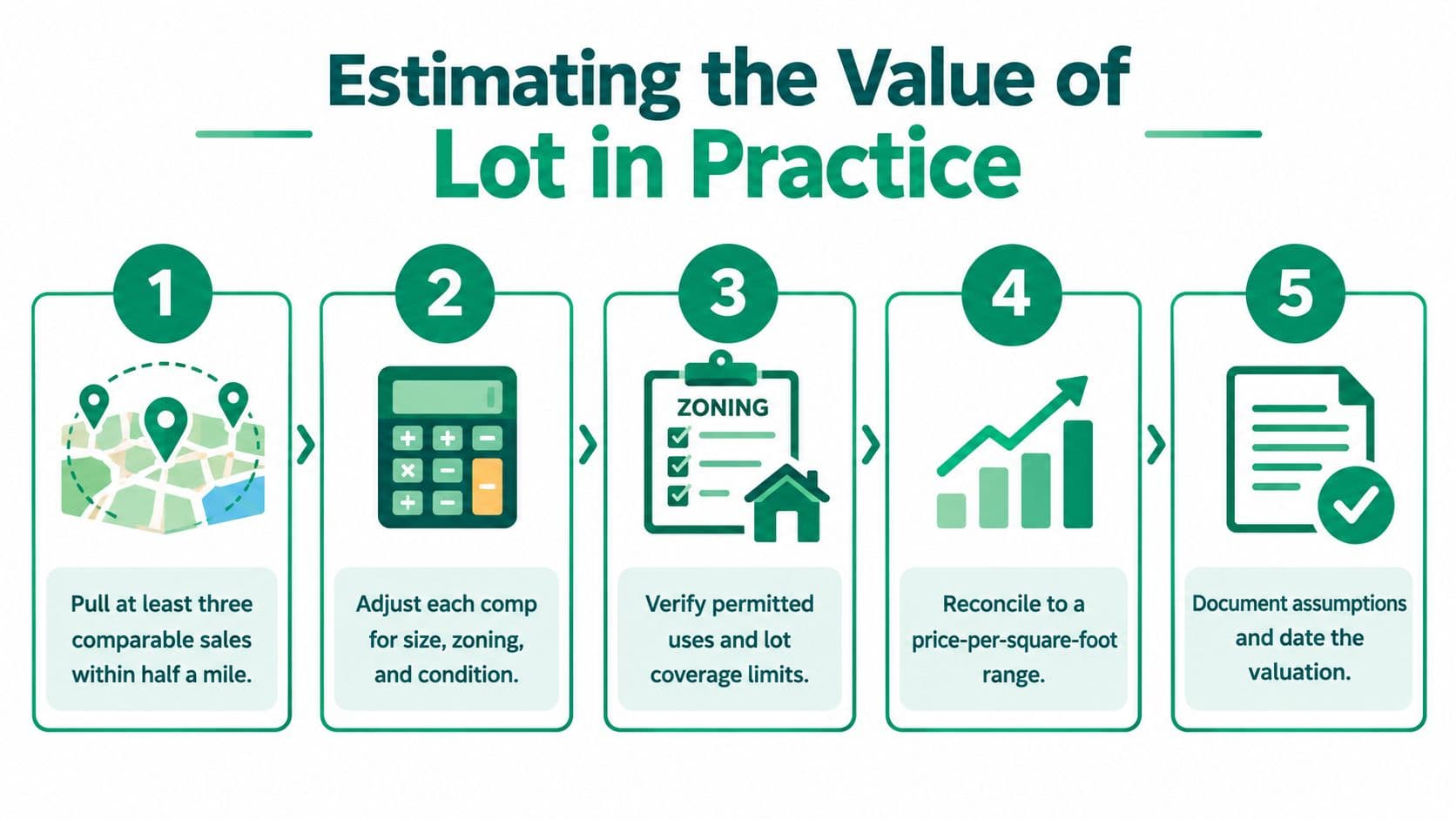 An infographic showing five steps for estimating the market value of a real estate lot.
