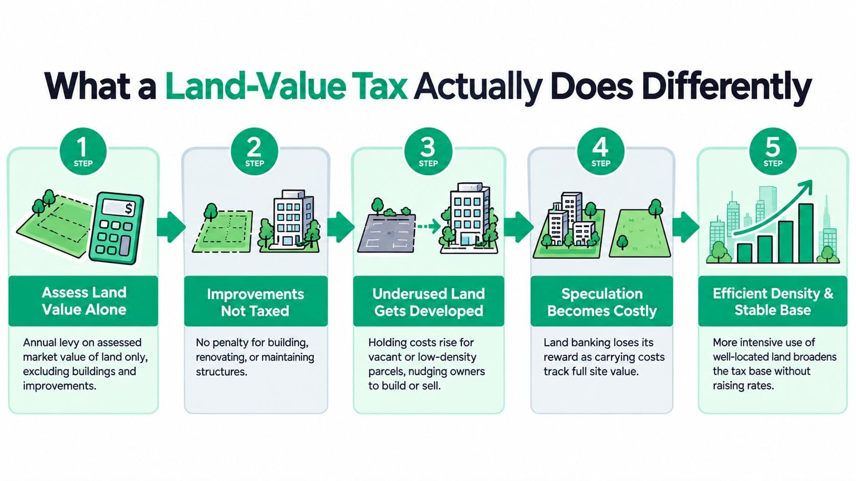 A five-step infographic explaining how a land-value tax incentivizes property development and efficient land use.