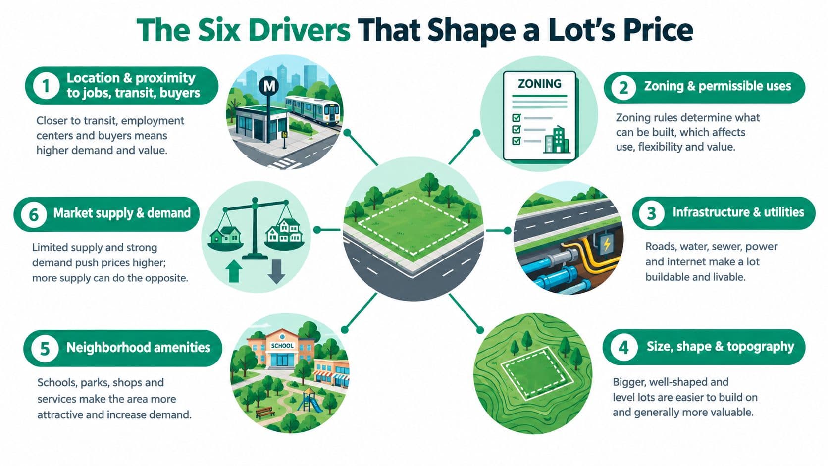 An infographic titled The Six Drivers That Shape a Lot's Price, illustrating factors affecting real estate value.