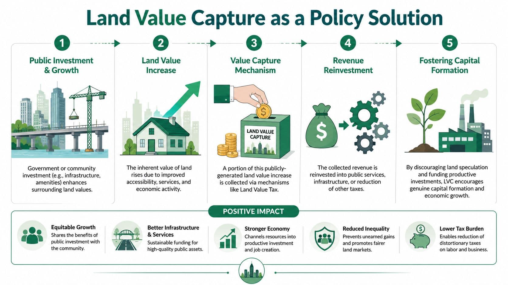 An infographic illustrating the five steps of land value capture and its positive economic impacts on society.