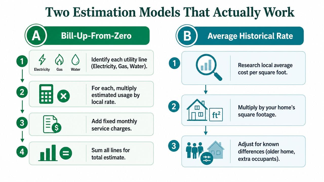An infographic showing two methods for estimating utility costs: Bill-Up-From-Zero and Average Historical Rate.