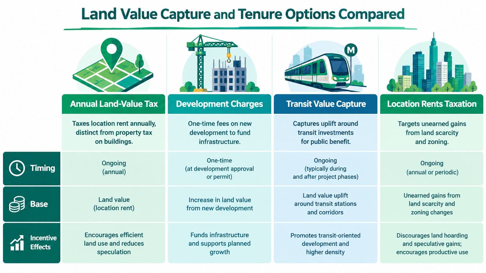 A comparison chart outlining four strategies for land value capture and tenure options including taxation and charges.