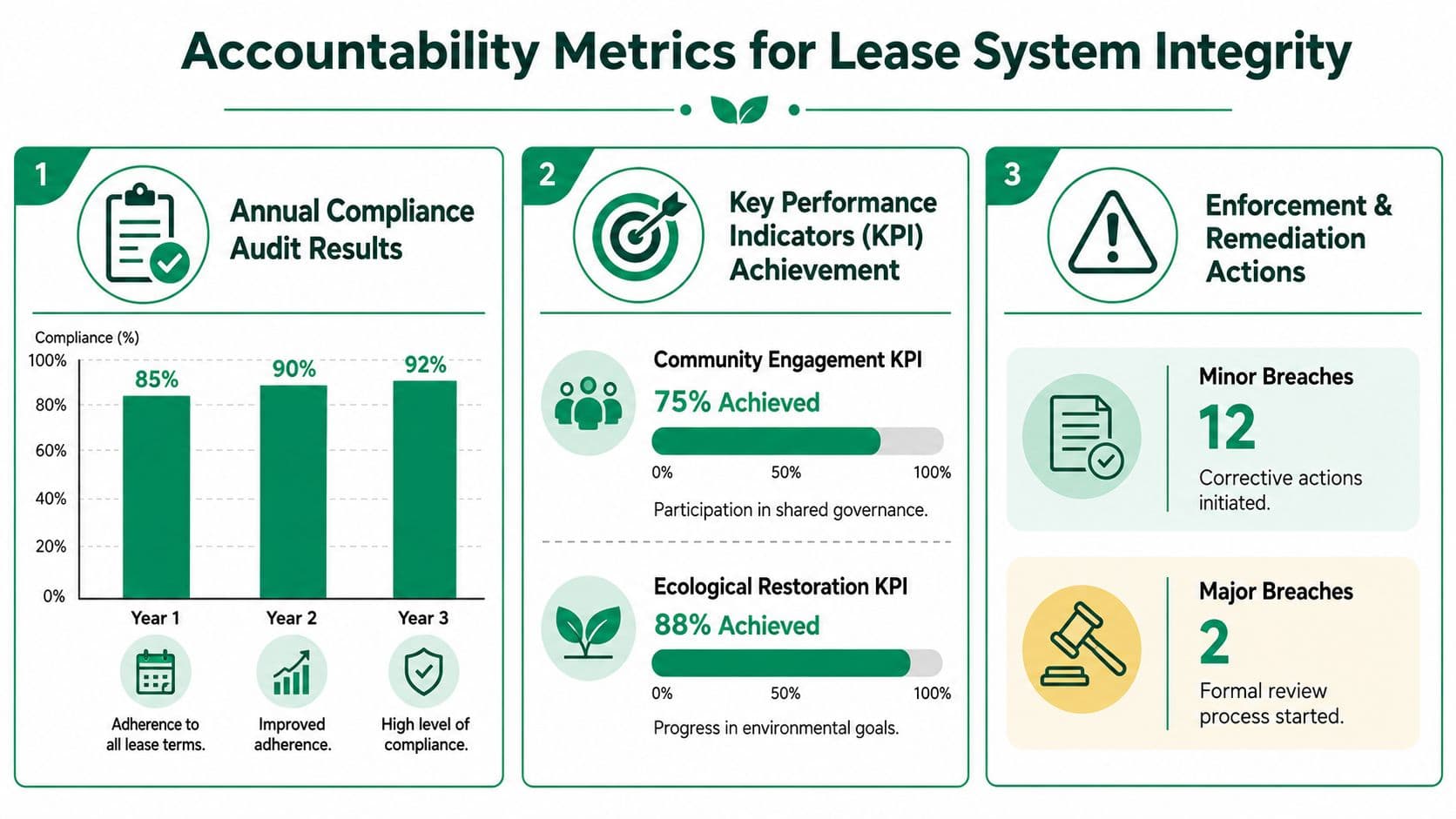 An infographic showing accountability metrics for lease system integrity including audit results, KPIs, and breach enforcement.