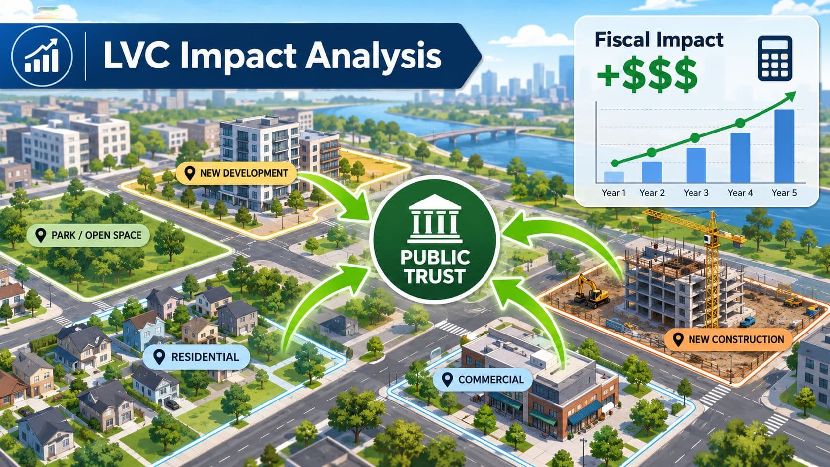 An infographic illustrating LVC fiscal impact analysis with urban development projects contributing to a public trust fund.