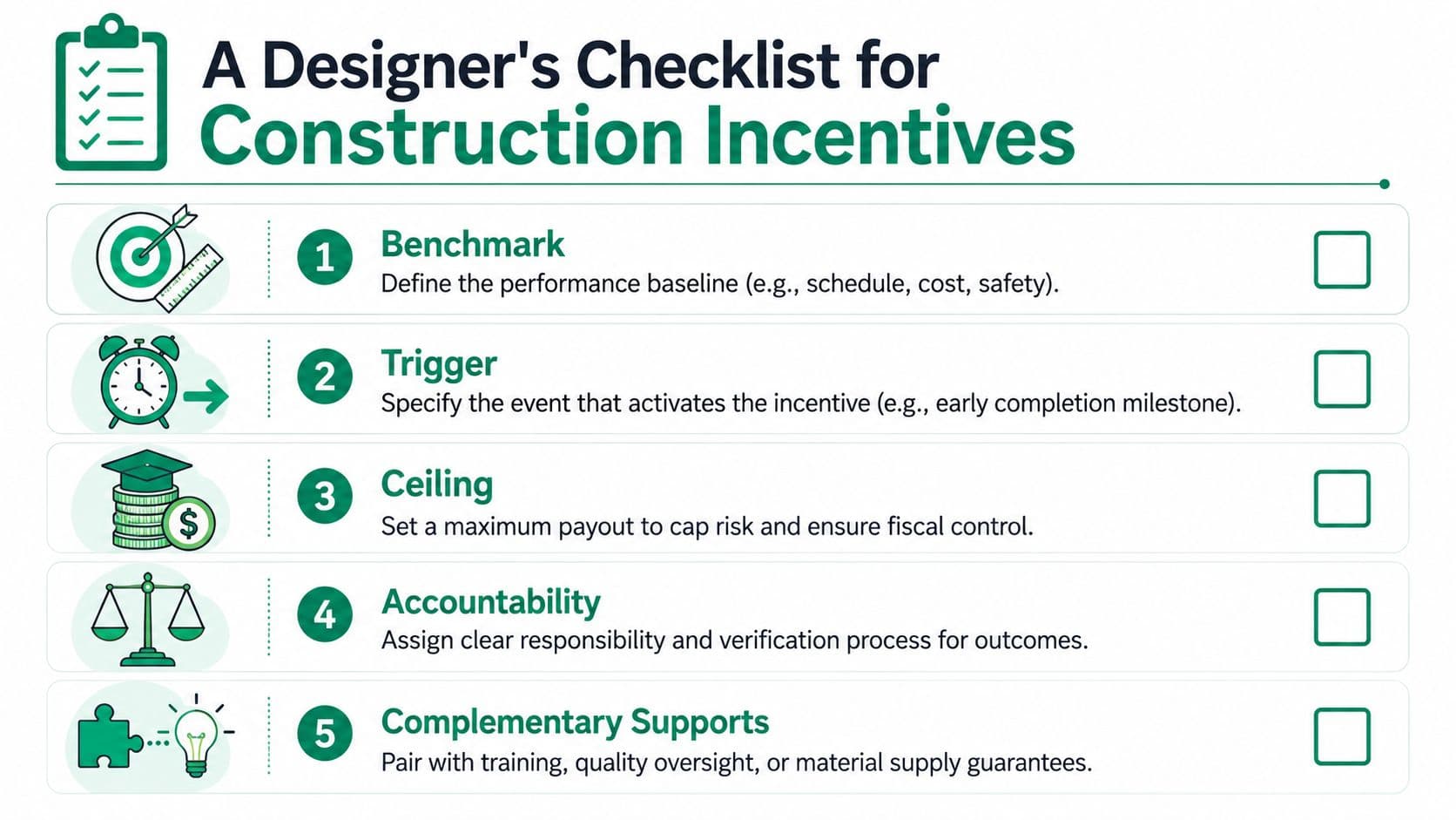 A checklist for designers outlining five key steps for implementing effective construction incentive programs in projects.