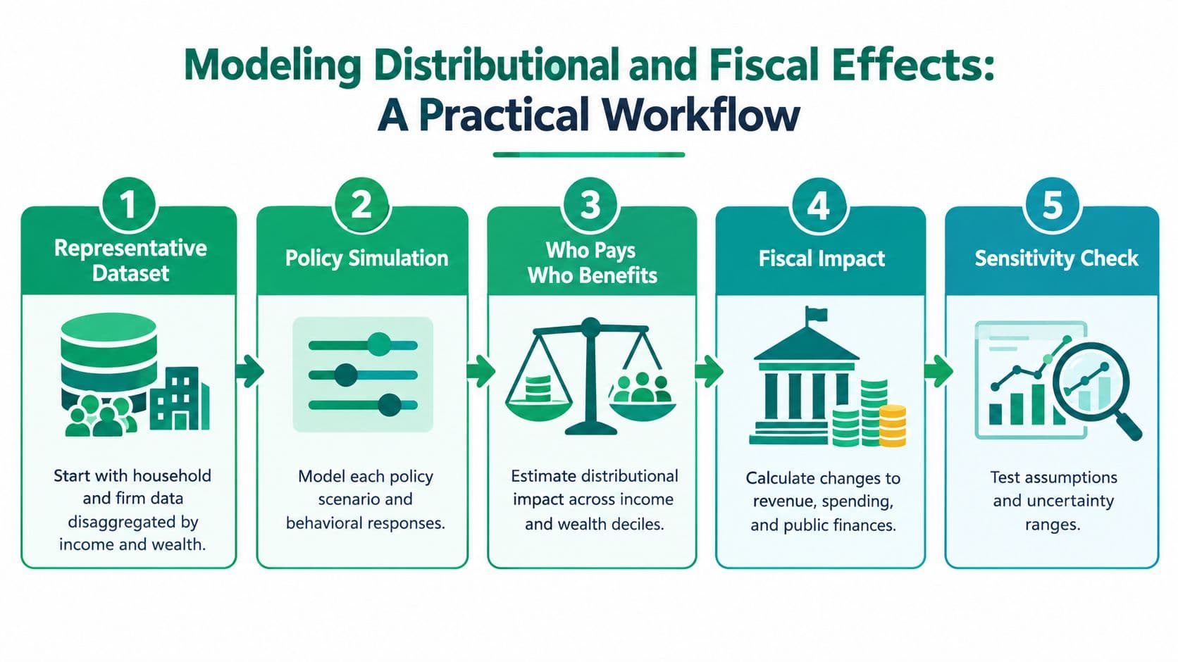 A five-step flowchart illustrating a practical workflow for modeling fiscal and distributional effects of public policies.