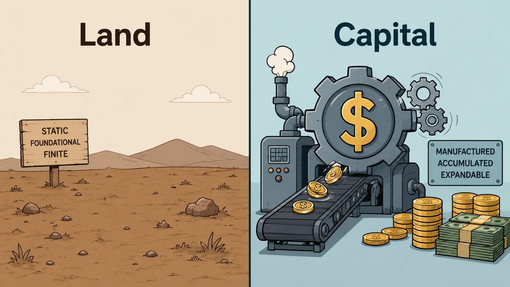 A split illustration comparing land as finite and foundational versus capital as manufactured and expandable assets.