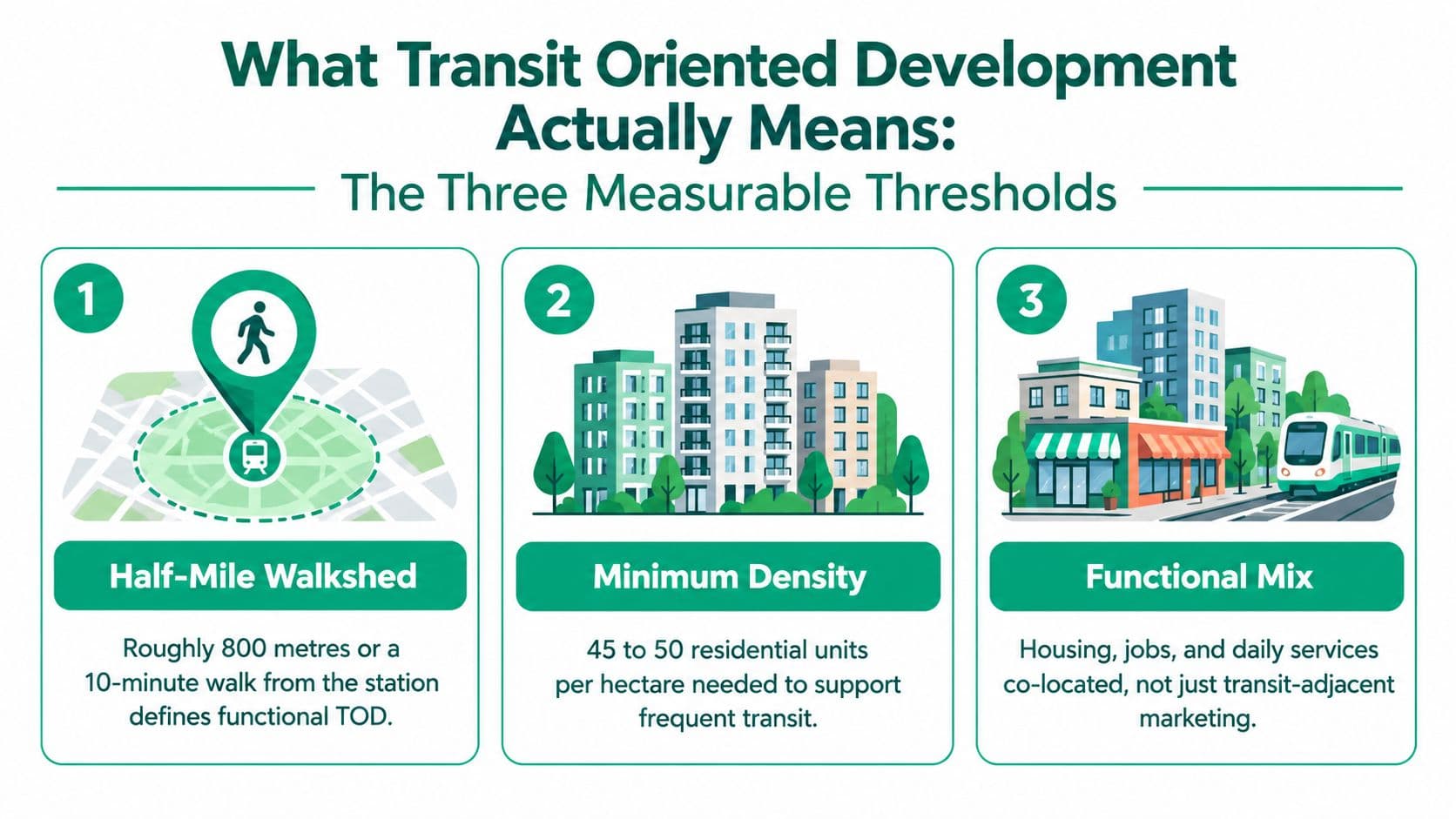 An infographic showing three measurable thresholds for effective transit oriented development: walkshed, density, and functional mix.