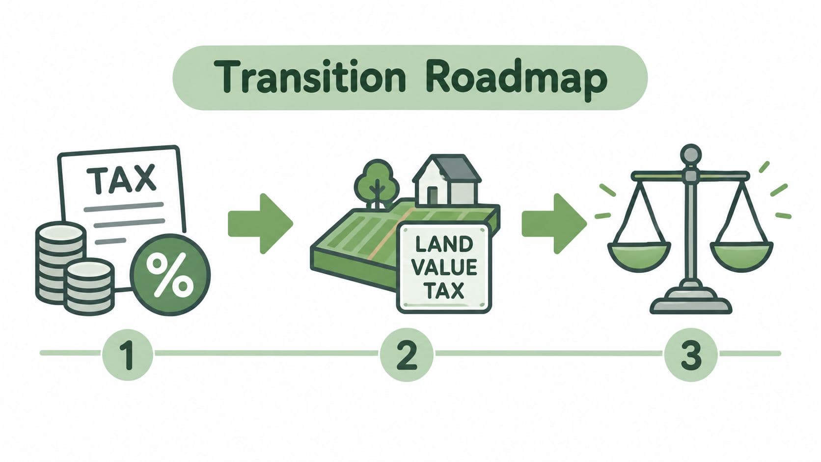 A three-step transition roadmap graphic illustrating the shift from general taxation to land value tax and fairness.