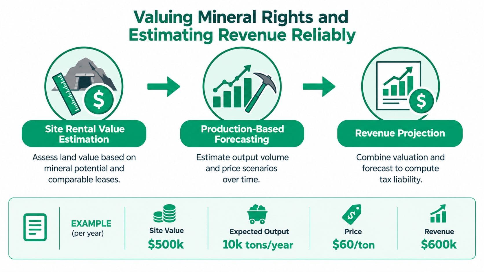 A diagram outlining the three-step process for valuing mineral rights and estimating revenue for taxation purposes.