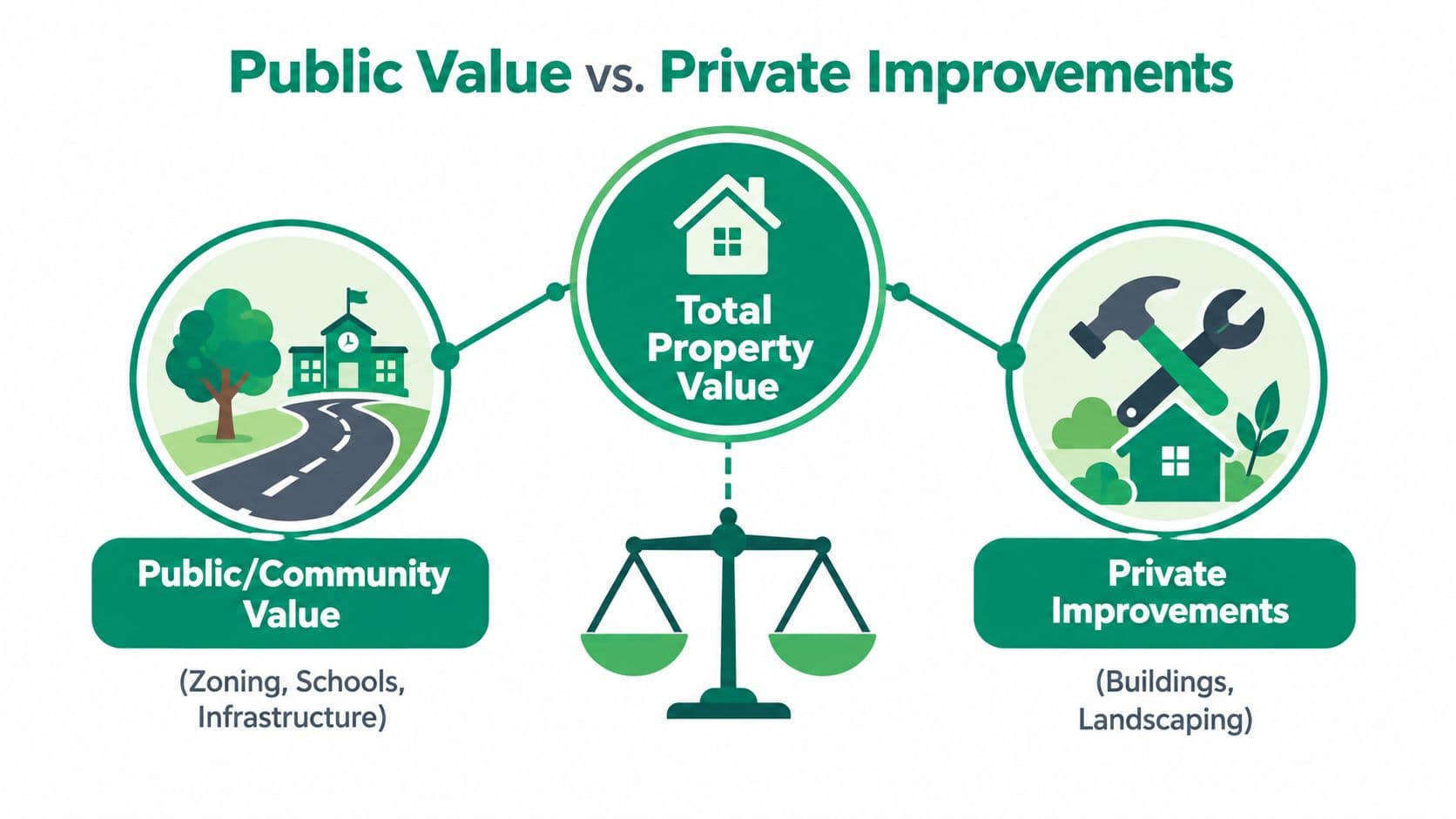A diagram illustrating how total property value is determined by balancing public community value and private improvements.