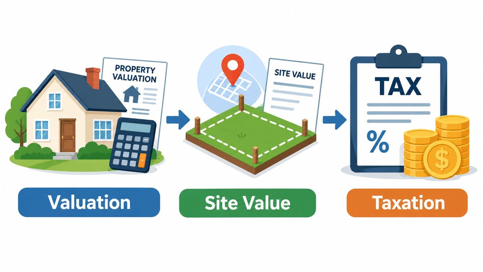 A diagram illustrating the property valuation process from home appraisal to site assessment and final tax collection.