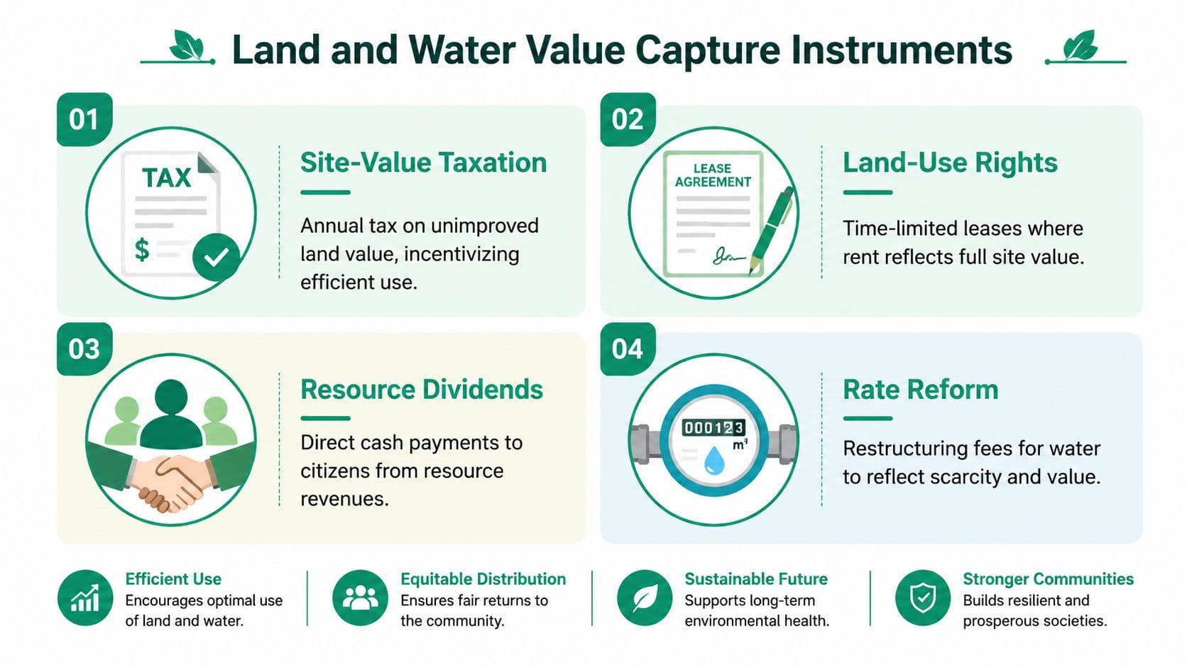 An infographic detailing four land and water value capture instruments for sustainable and equitable resource management.