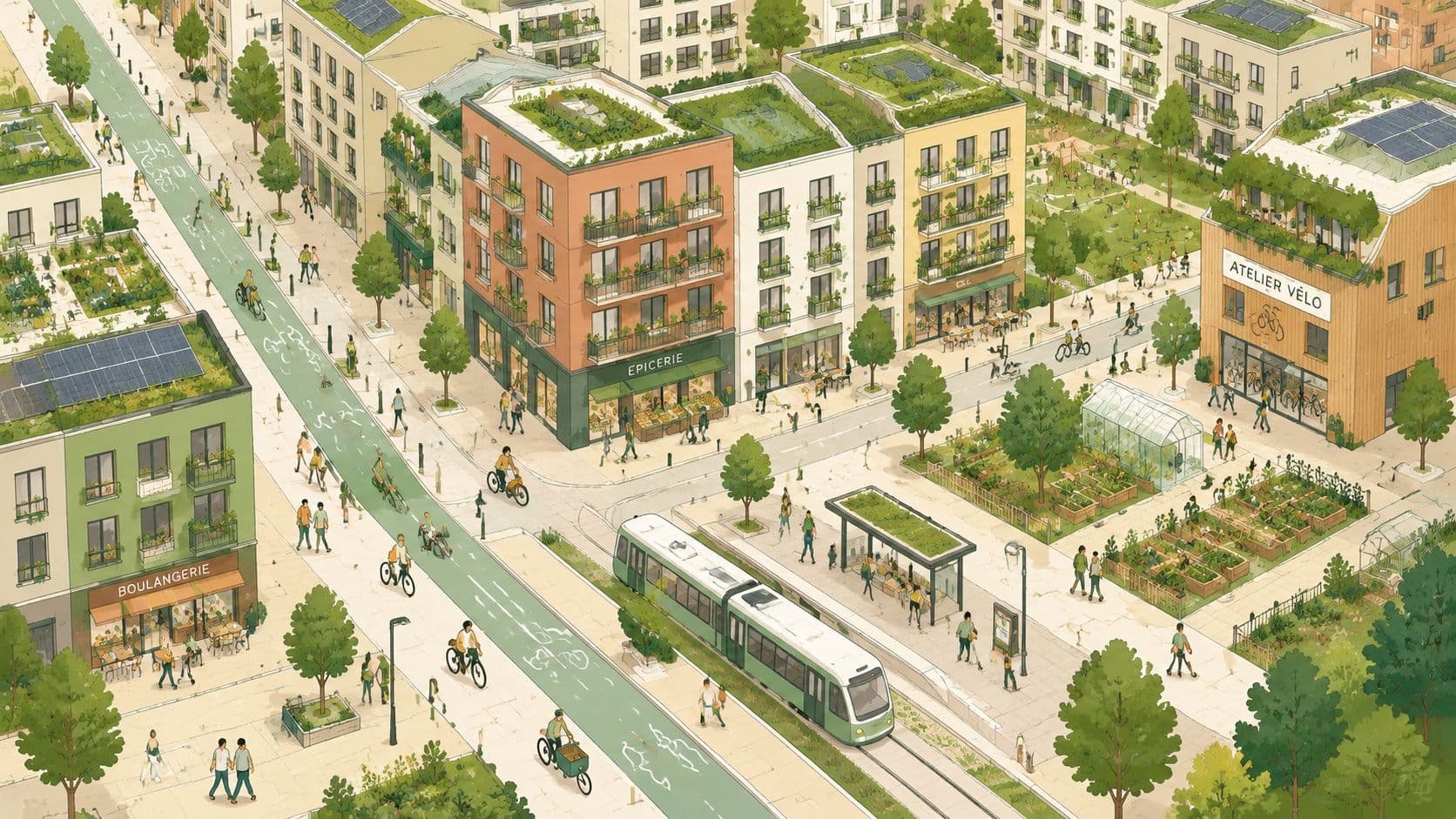 An aerial view of a sustainable, pedestrian-friendly city street featuring green buildings, tram lines, and bike paths.